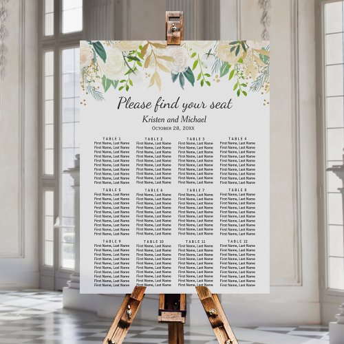 Ivory Greenery Gold Floral Wedding Seating Chart - This seating chart is a beautiful and practical solution to guide your guests to their seats, while also adding a touch of elegance to your special day. With its sophisticated blend of ivory, greenery, and gold, it's the perfect way to complement your floral arrangements and color scheme. And for your convenience, it also available as a digital download for self-printing.