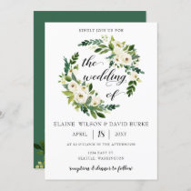 Ivory greenery white roses  floral wreath wedding invitation