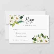 Ivory greenery white roses  floral wreath wedding RSVP card