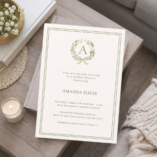 Ivory greenery wreath monogrammed Bridal Shower Invitation