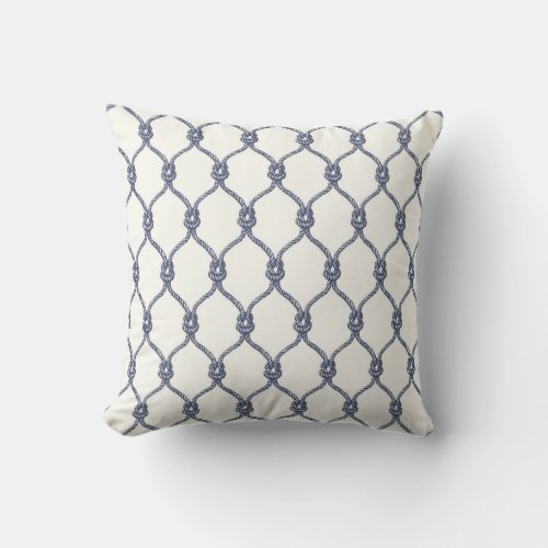 Ivory Grey Blue Nautical Rope Knot Fishnet Outdoor Pillow