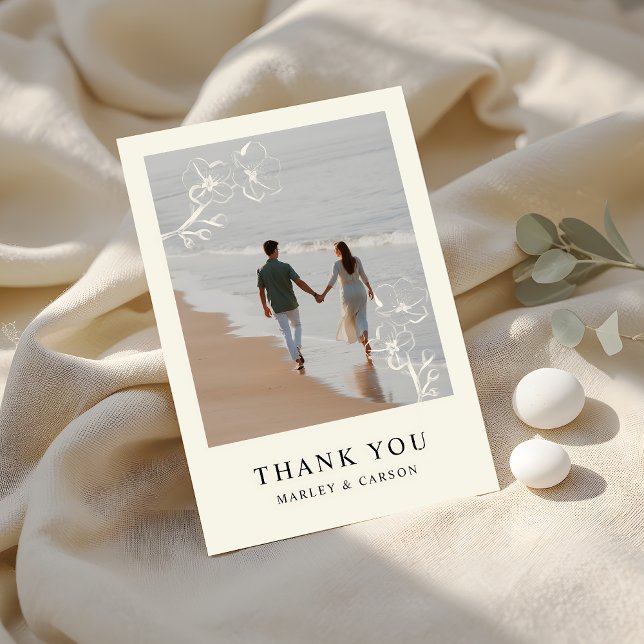 Ivory Hand Drawn Floral Wedding photo Simple Thank You Card (Creator Uploaded)