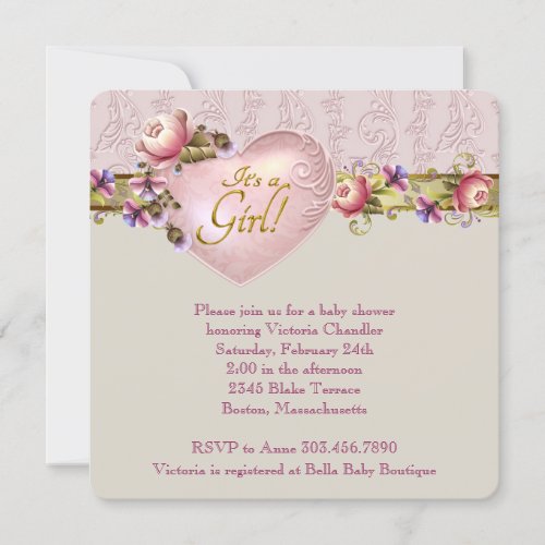 Ivory Heart Flower Pink Damask Baby Shower Invitation