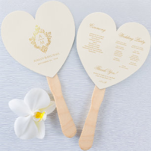Ivory Heart Wedding Program Gold Crest Monogram Hand Fan