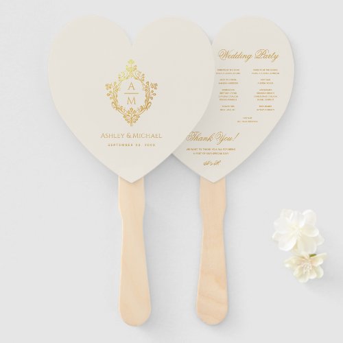 Ivory Heart Wedding Program Gold Crest Monogram Hand Fan