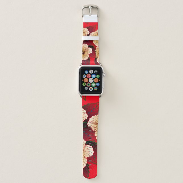 ivory hibiscus flowers seamless pattern on red apple watch band (Front)