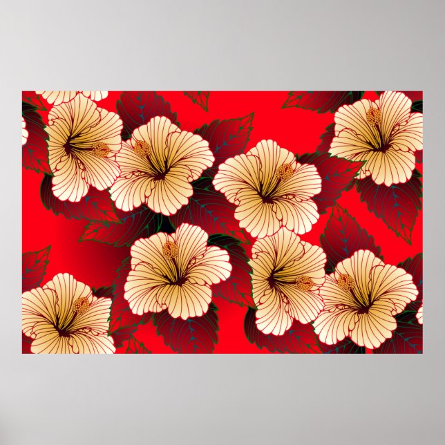 ivory hibiscus flowers seamless pattern on red poster (Front)