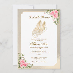 Ivory High Heels Pearls Pink Roses Bridal Shower  Invitation
