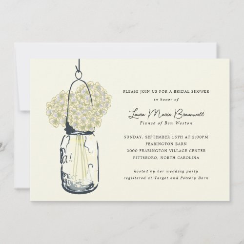 Ivory Hydrangea &amp; Mason Jar Bridal Shower Invitation