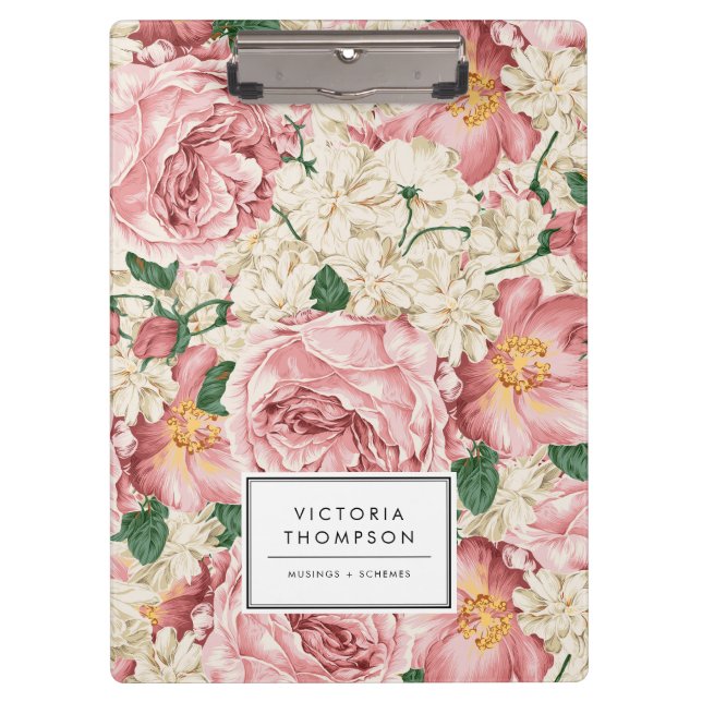 Ivory Hydrangeas and Pink Garden Roses Floral Clipboard (Front)