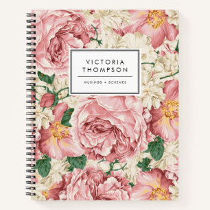 Ivory Hydrangeas and Pink Garden Roses Floral Notebook