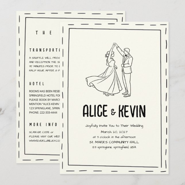 Ivory Illustration Doodle Minimalist QR Wedding  Invitation (Front/Back)