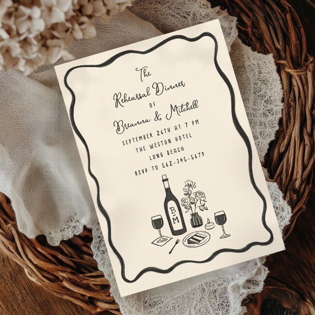Ivory Ink Whimsical Wavy Border Rehearsal Dinner Invitation (Creator Uploaded)