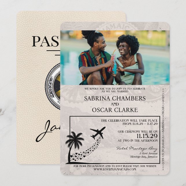 Ivory Jamaica Passport Wedding Invitation (Front/Back)