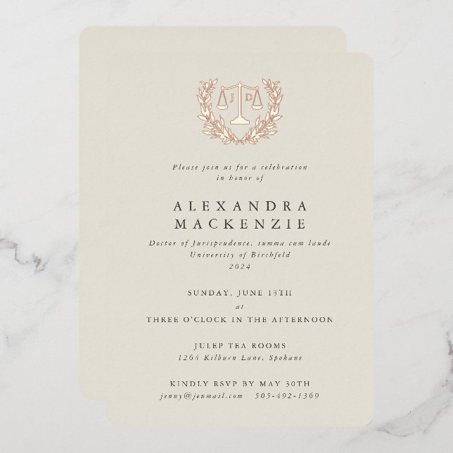 Ivory JD Law Scales+Laurel Wreath Graduation Party Foil Invitation (Front/Back)