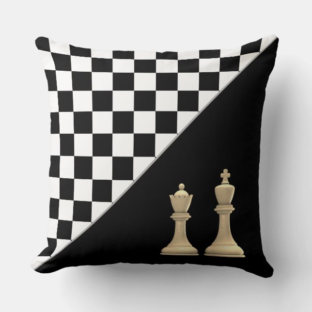 Ivory King & Queen on Stylish Black & White  Chess Throw Pillow (Front)