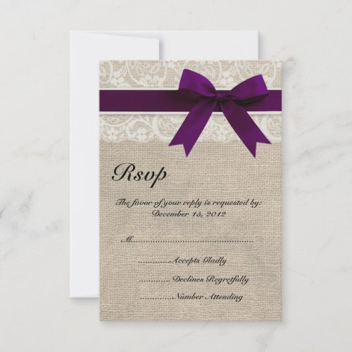 Ivory Lace and Burlap Look Plum RSVP Card