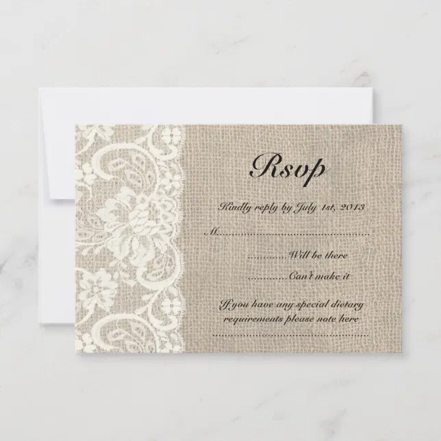 Ivory Lace and Burlap Look Wedding RSVP Card | Zazzle