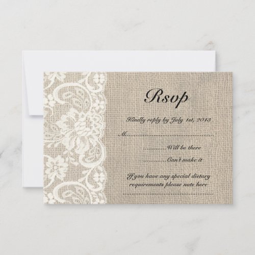 Ivory Lace and Burlap Look Wedding RSVP Card