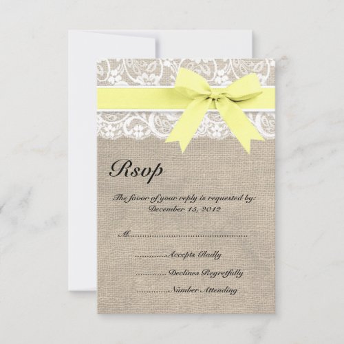 Ivory Lace and Burlap Look Yellow RSVP Card