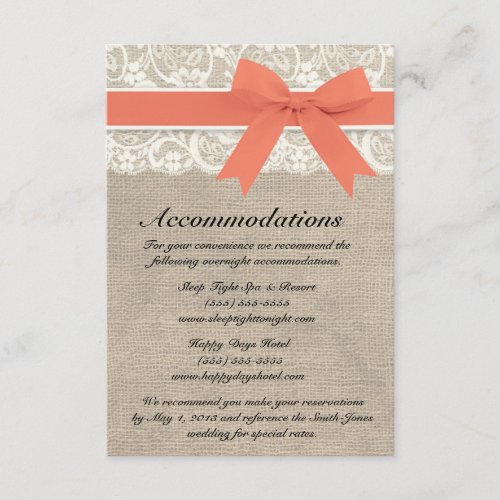 Ivory Lace and Burlap LookCoral Accommodation Card