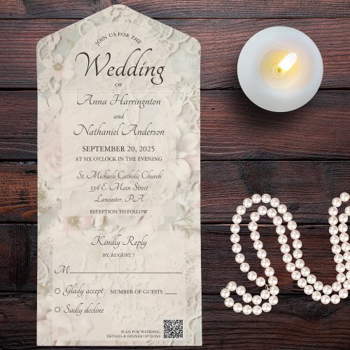 Ivory Lace and Floral with QR Code  All In One Invitation