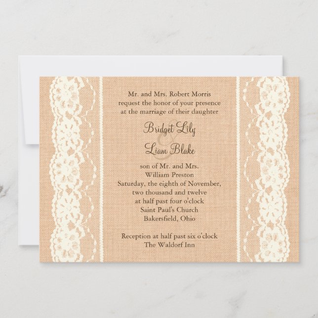 Ivory Lace and Light Burlap Wedding Invitation (Front)