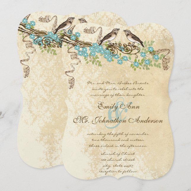 Ivory Lace Aqua Blue Blossom Love Bird Weddings Invitation (Front/Back)