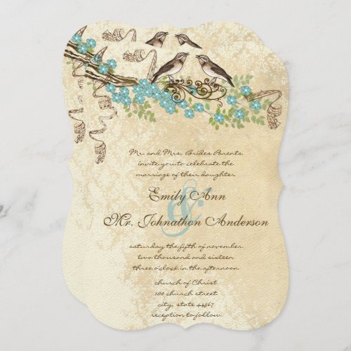 Ivory Lace Aqua Blue Blossom Love Bird Weddings Invitation