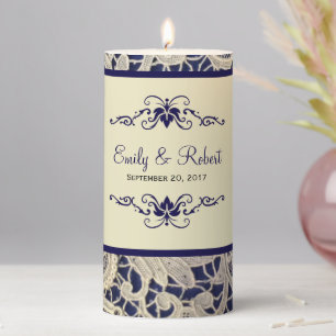 Ivory Lace Blue Formal Wedding Centerpiece Unity Pillar Candle