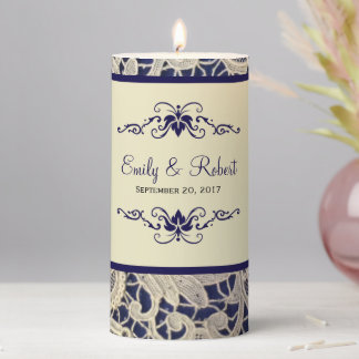 Ivory Lace Blue Formal Wedding Centerpiece | Unity Pillar Candle