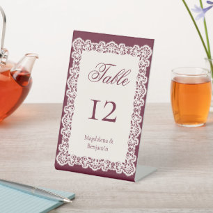 Ivory Lace Burgundy Wine Wedding Table Number Pedestal Sign