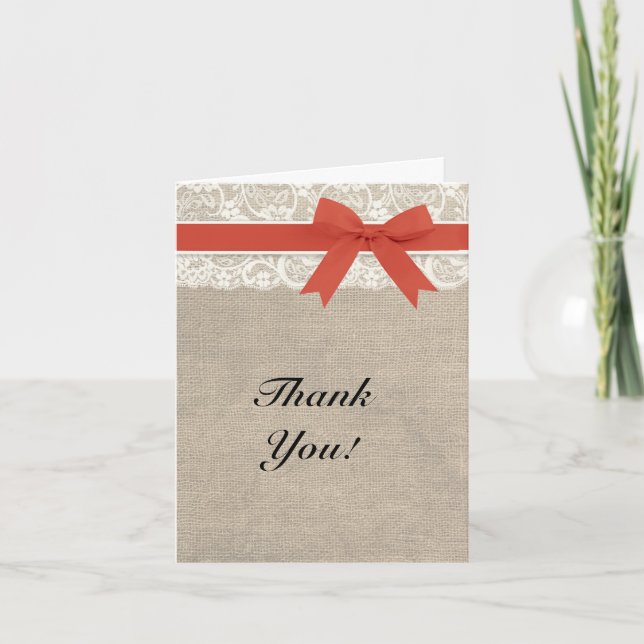 Ivory Lace Burlap and Persimmon Thank You Card (Front)