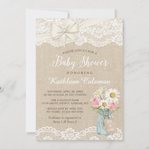 Ivory Lace Burlap Floral Mason Jar Baby Shower Invitation