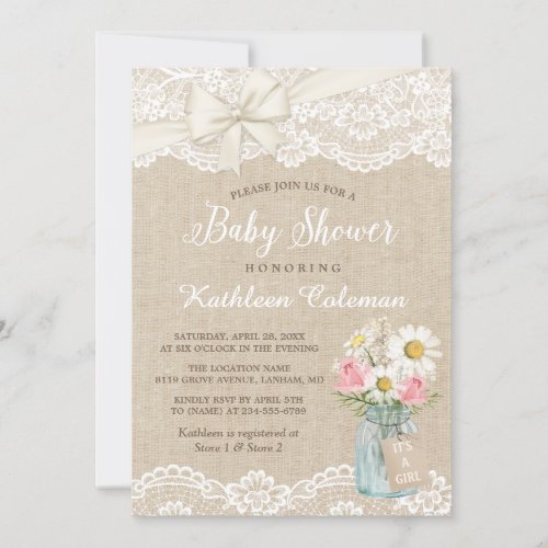 Ivory Lace Burlap Floral Mason Jar Baby Shower Invitation