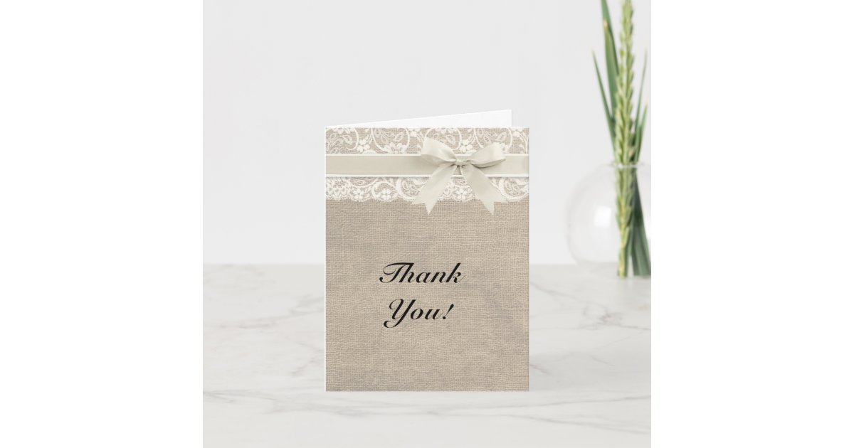 Ivory Lace Burlap Look Thank You Card | Zazzle