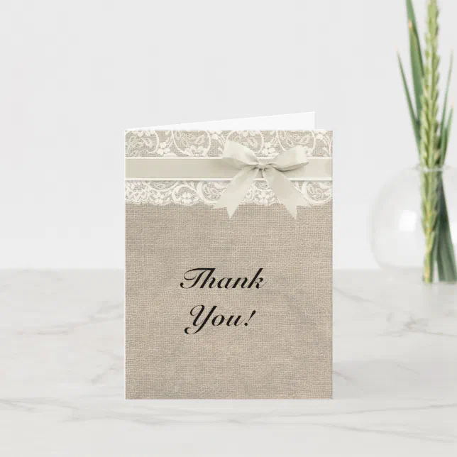 Ivory Lace Burlap Look Thank You Card | Zazzle