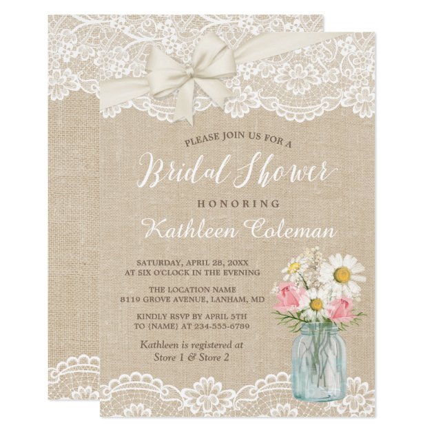 Ivory Lace Burlap Mason Jar Floral Bridal Shower Invitation