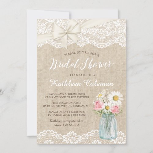 Ivory Lace Burlap Mason Jar Floral Bridal Shower Card
