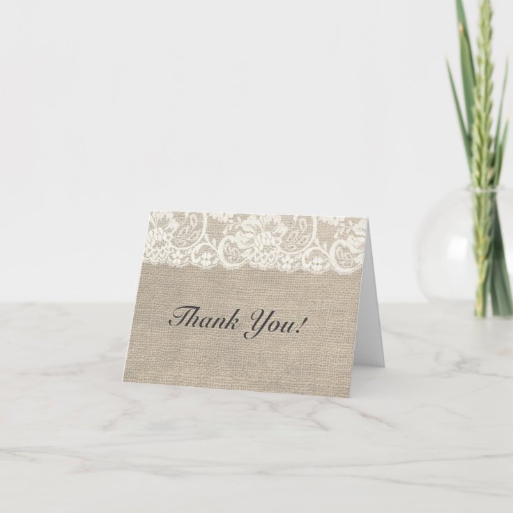 Ivory Lace And Burlap Rustic Wedding Thank You Card Zazzle 1622