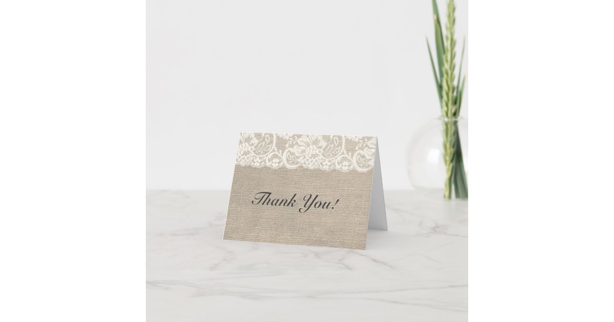 Ivory Lace & Burlap Rustic Wedding Thank You Card | Zazzle