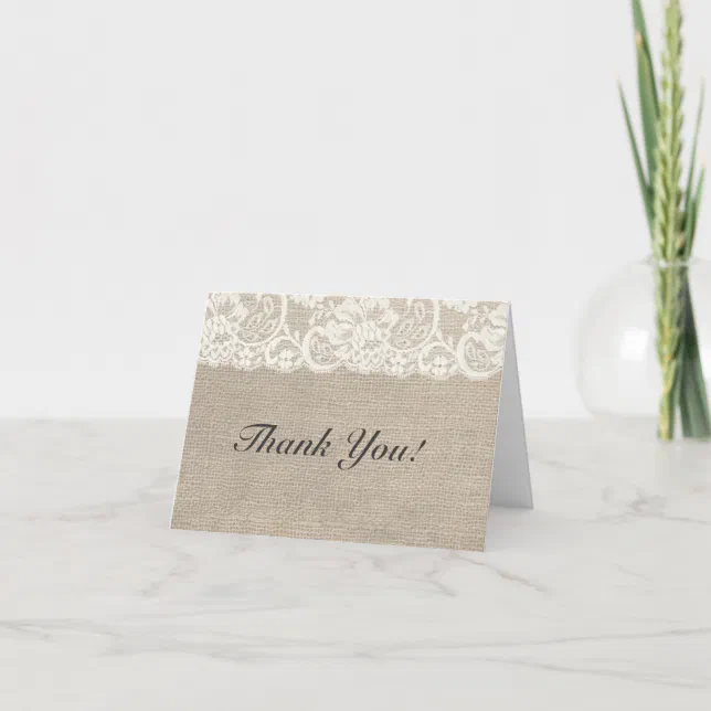 Ivory Lace & Burlap Rustic Wedding Thank You Card | Zazzle