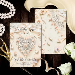 Ivory Lace Heart Floral Romantic Spring Softly Save The Date