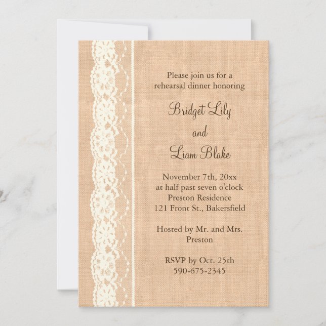 Ivory Lace & Light Burlap Rehearsal Dinner Invitation (Front)