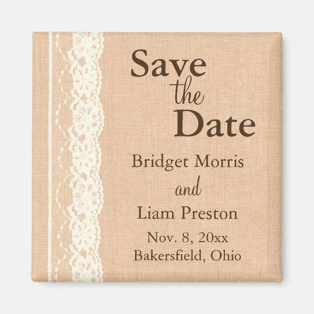 Ivory Lace & Light Burlap Save the Date Magnet (Front)