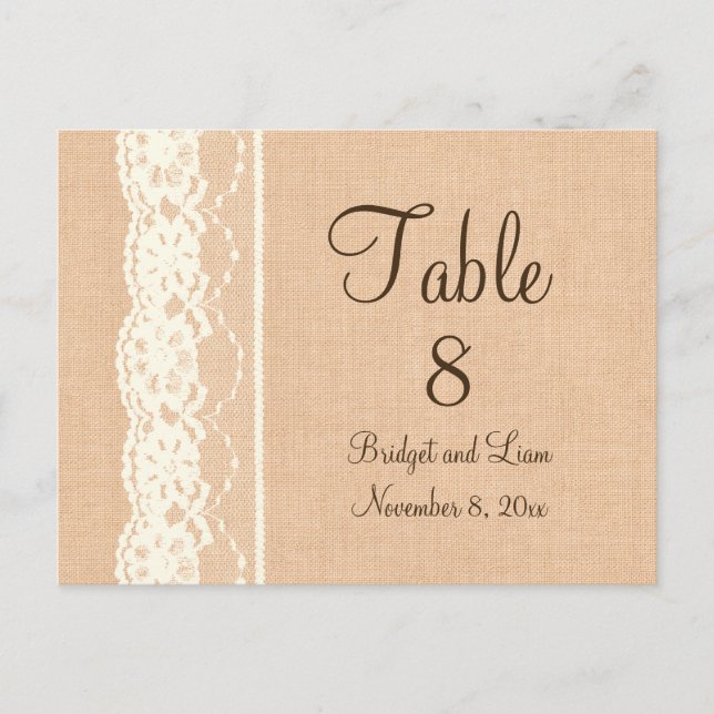 Ivory Lace & Light Burlap Table Number (Front)