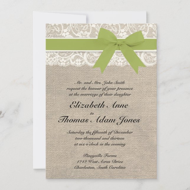 Ivory Lace Look Rustic Burlap Invitation - Olive (Front)