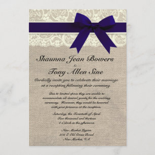 Ivory Lace Navy Blue Burlap Wedding Reception Invitation