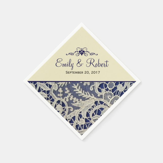 Ivory Lace Navy Blue Elegant Formal Wedding Napkins (Corner)
