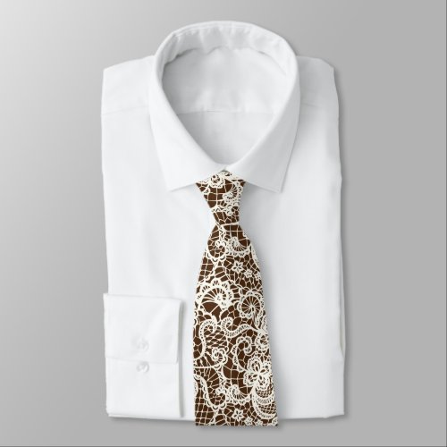 Ivory Lace On Brown Neck Tie